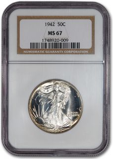 1942 US Walking Liberty Silver Half Dollar 50c NGC MS67