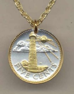 Gold on Silver Barbados 5 Cent Coin Lighthouse Necklace
