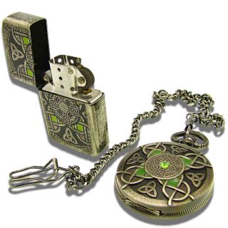 The Edge® Knotwork Irish Cross Lighter / Pocket Watch Set w Gift Tins