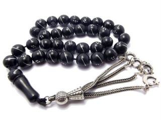 Silver Inlay Black Amber Oltu Jet Prayer Beads Tasbih Komboloi Rosary