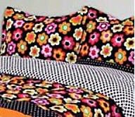 9P Full Comforter Black Pink Lime Orange Flowers N Dots Shams Sheets
