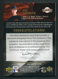 2007 Exquisite Tim Lincecum Draft Choice RC Rookie Auto 4 5 Autograph