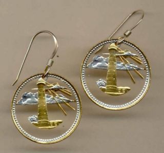Gold on Silver Cut Coin Barbados Lighthouse Earrings