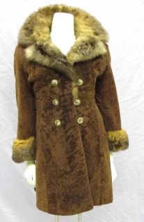 Vtg 60s Brown Shearling Sheepskin Princess Coat Shaggy Fur Collar