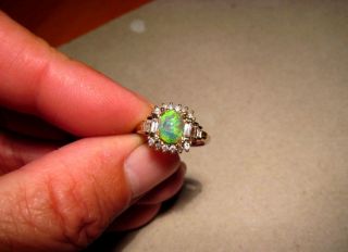 Superb Lime Green Opal Round Baguette Diamond Ring 14k Two Tone Gold