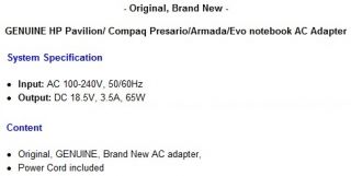 Genuine Compaq Presario 2200 Laptop Power Supply AC Adapter Cord Cable