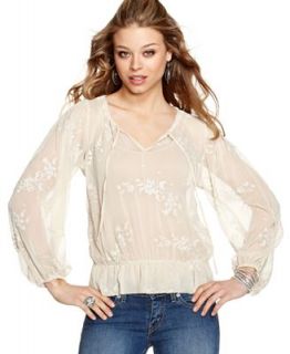 GUESS? Top, Long Sleeve Floral Embroidered Blouson