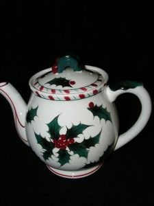 Lefton China Teapot Tea Pot w Lid Candy Cane Border Red Berries Holly