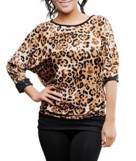 Long Sleeve Leopard Animal Print w Lace Sequin Cuffs Size L