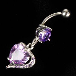Cute Heart Dangle Long Crystal Navel Piercing Belly Button Ring