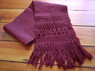 Vtg Burgundy Boho Ethnic Woven Fringe Wool Wrap Scarf