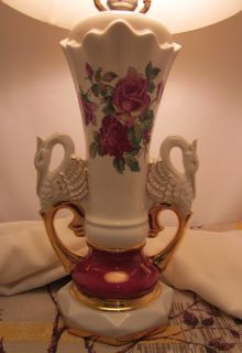 Vintage 1930s 40s Fancy Roses Ceramic Porcelain Urn Table Lamp w Swan