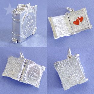 love story book charm pendant opens to reveal red hearts