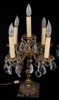 Pair Louis XVI French Style Brass Candelabra Lamps Crystal Pendalogue