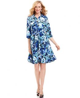 NY Collection Dress, Three Quarter Sleeve Belted Floral Print