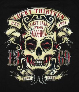 Lucky 13 Twin Forks Devil Skull Last Call T Shirt Tee