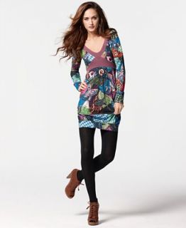 Desigual Dress, V Neck Long Sleeve Mixed Printed Stitched A Line