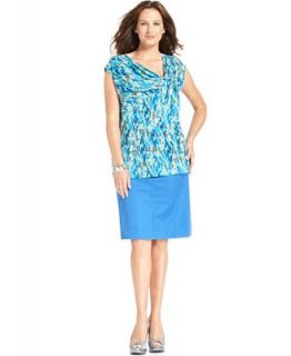 Anne Klein Plus Size Cap Sleeve Printed Knotted Top & Pencil Skirt