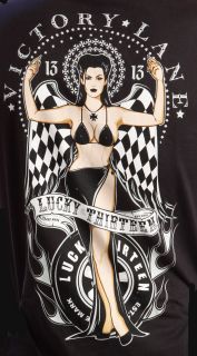 13 Apparel Victoria t shirt features a sexy girl and Victory Lane