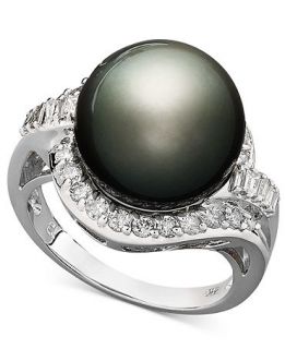 14k White Gold Ring, Cultured Tahitian Pearl (12 13mm) and Diamond (5