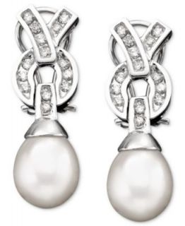 14k Gold Earrings, Cultured Freshwater Pearl and Diamond Bow (1/3 ct