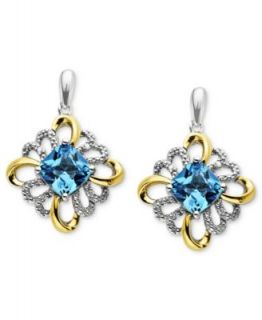 14k Gold and Sterling Silver Earrings, Blue Topaz Cushion Cut Drop