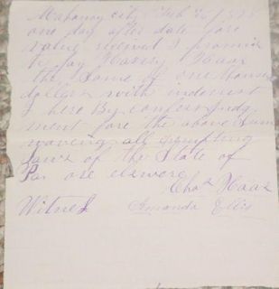 Mahanoy City PA 1898 IOU Handwritten Promissory Note