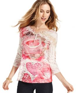 Style&co. Top, Three Quarter Sleeve Printed Henley