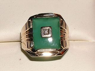 Vintage 10K Gold Chrysoprase and Diamond Mens Ring