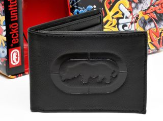 New $35 Marc Ecko Unltd Mens Black Genuine Leather Bifold Logo Wallet