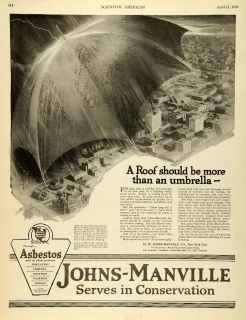 1920 Ad Johns Manville Asbestos Insulation Roofing Aerial View City