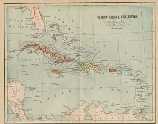 West Indies Map 1891 Cuba Jamaica Puerto Rico Virgin Bahama Islands
