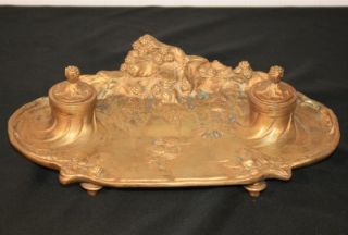 Antique French Art Nouveau Gilt Bronze Inkwell Signed A. Marionnet