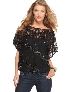 GUESS? Top, Short Sleeve Flutter Sequin Lace