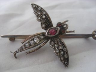 c1880 Victorian 9ct Gold Diamond Sapphire Ruby Dragonfly Brooch