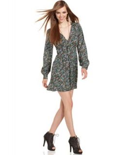 BCBGeneration Dress, Long Sleeve V Neck Printed A Line