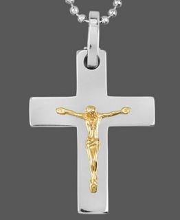 Mens Stainless Steel and 14k Gold Necklace, Crucifix Pendant