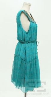 Mark James Badgley Mischka Turquoise Stripe Beaded Neckline Dress Size