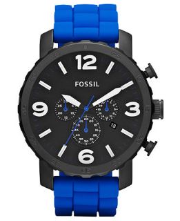 Fossil Watch, Mens Chronograph Nate Blue Silicone Strap 50mm JR1426