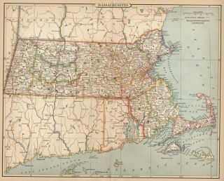Massachusetts Map Authentic 1883; Counties, Cities, Towns, Topography