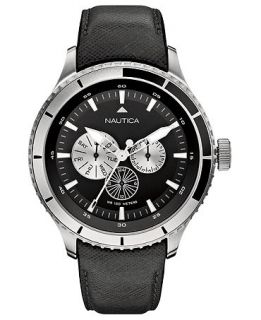 Nautica Watch, Mens Black Leather Strap 50mm N18657G   All Watches