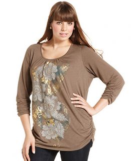 Style&co. Plus Size Top, Three Quarter Sleeve Printed Ruched   Plus
