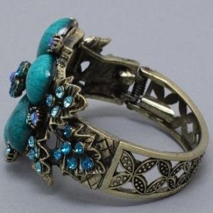 TURQUOISE FLOWER ANTIQUE GOLD STATEMENT COSTUME JEWELRY Cuff Bracelet