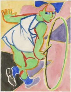 Zygmunt Mazur Fauvist Girl with Hoop Watercolor 1980s