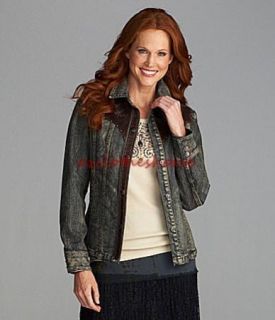 Reba Reba McEntire Western Denim Genuine Leather Studded Jean Jacket s