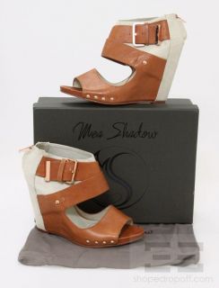 Mea Shadow Tan Leather Canvas Open Toe Wedges Size 10