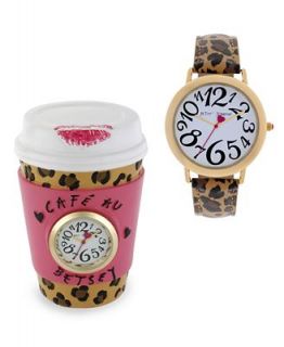 Betsey Johnson Watch and Clock Set, Womens Leopard Printed Leather
