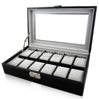 Leather Mens Watch Box Display Case Organizer Glass Top Jewelry