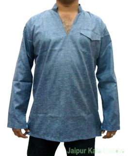 Indian Mens Short Cotton Blue Kurta Traditional Casual Diwali