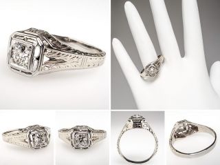 Mens Antique Wedding Band Diamond Ring Solid 18K White Gold Fine